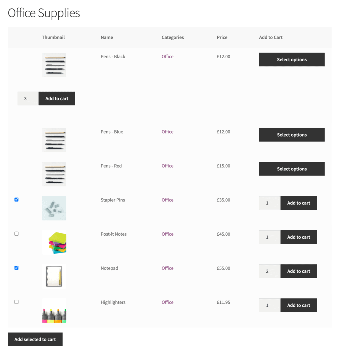 WooCommerce variable product price table