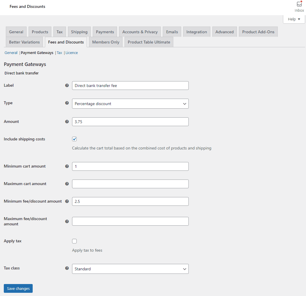 Payment gateway fees settings