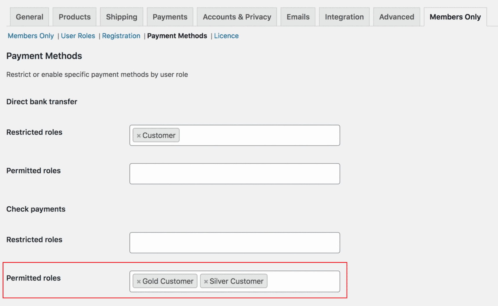 Permitted user roles setting