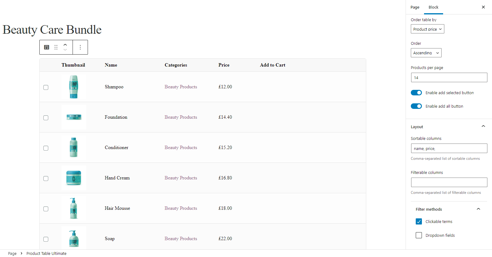 WooCommerce price list layout settings