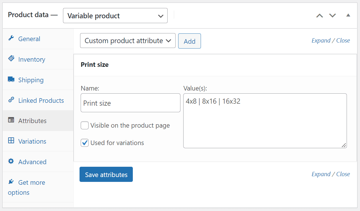 Product data section