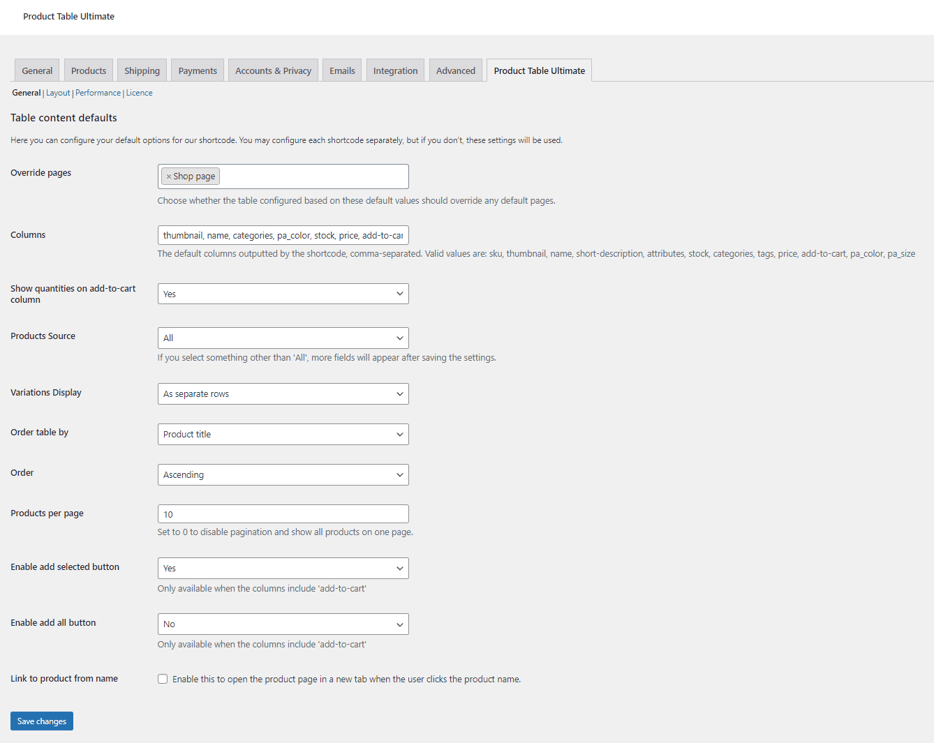 Product Table Ultimate settings