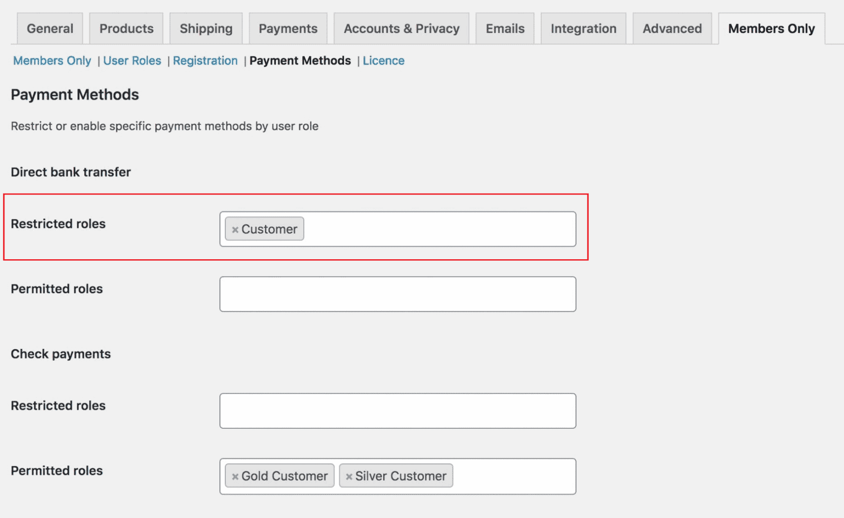 Restricted user roles setting