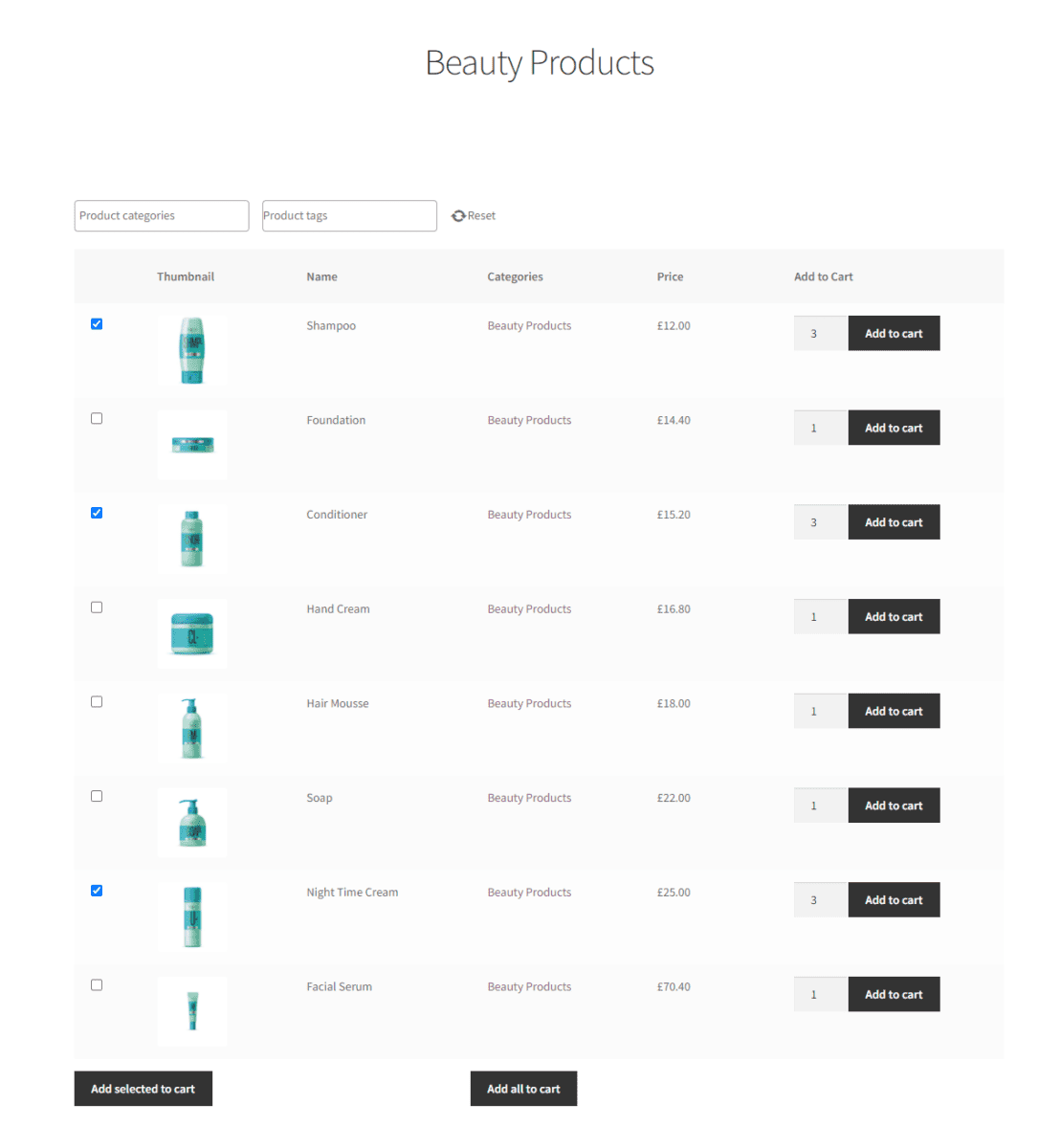 WooCommerce sort products table preview