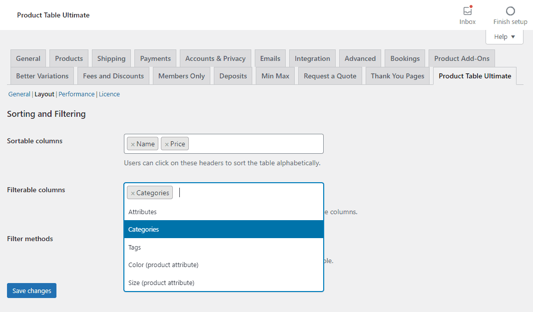 Sorting and filtering options