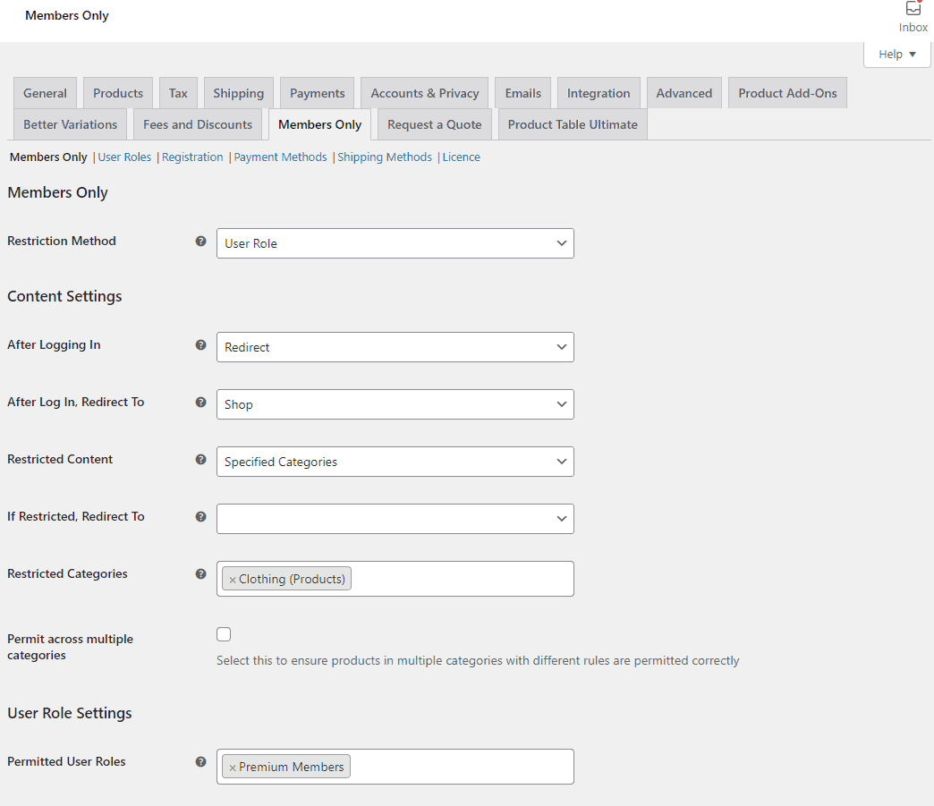 Restrict access specific categories