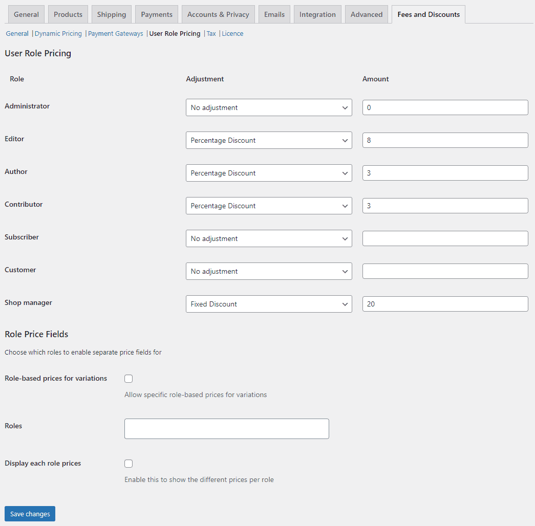 User role pricing