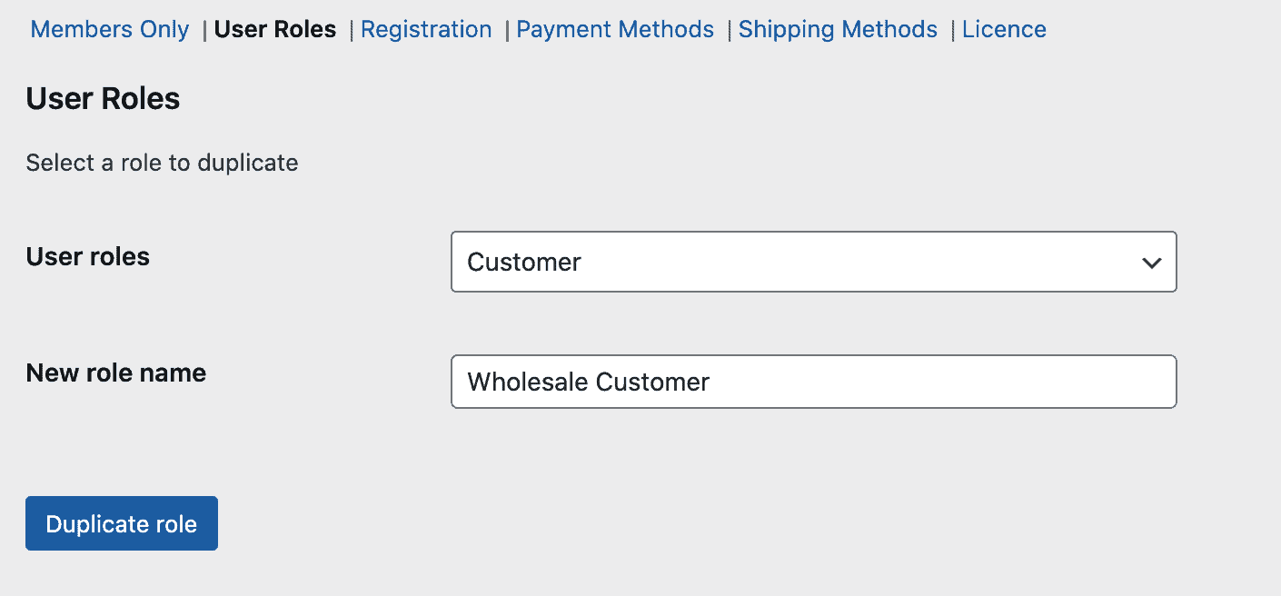 Wholesale customer user role settings