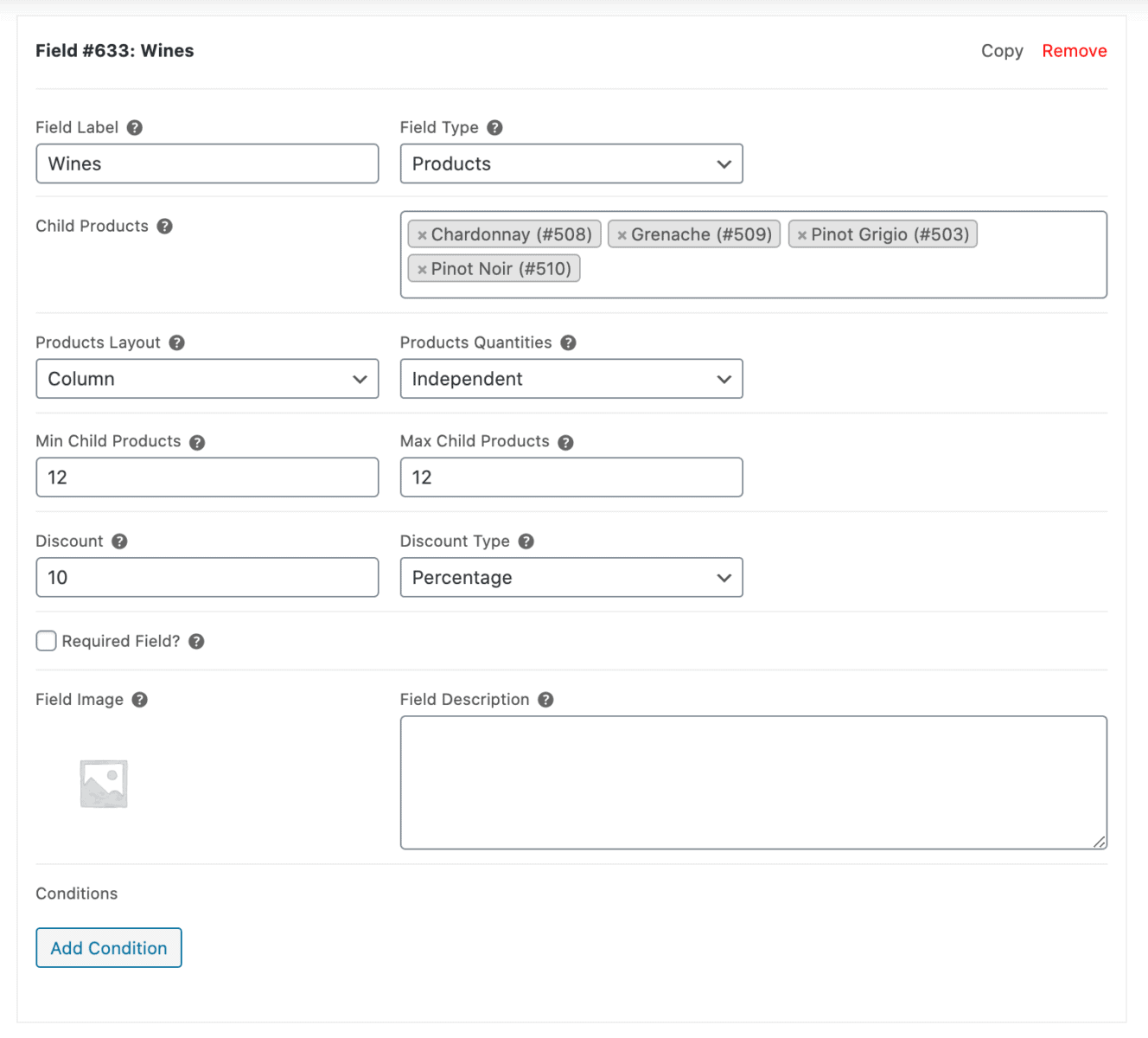 Wine product add-on fields