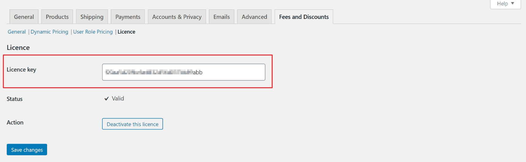 WooCommerce Fees and Discounts license key field