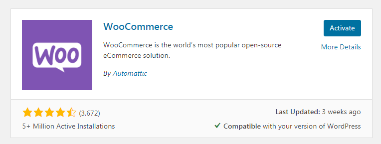 Activating the WooCommerce plugin.