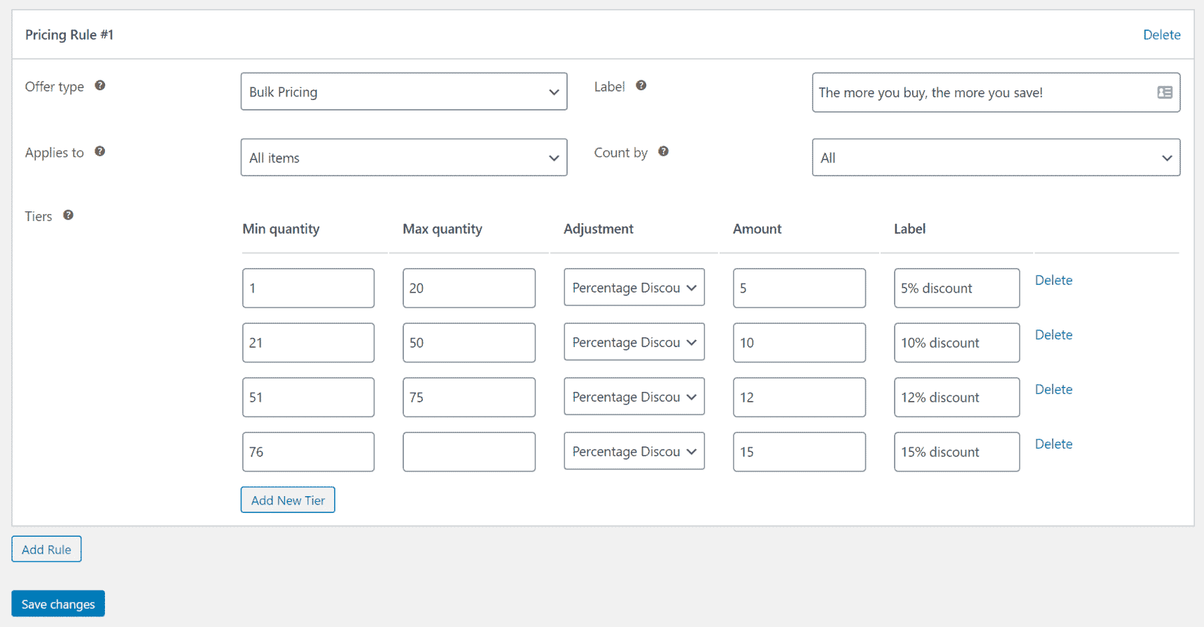 WooCommerce pricing tiers with percentage discounts