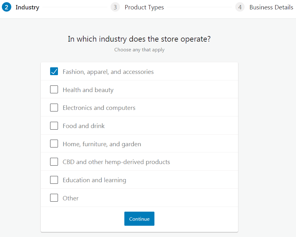 The WooCommerce wizard industry screen.