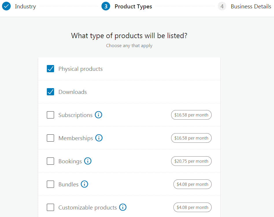 The WooCommerce wizard product types screen.