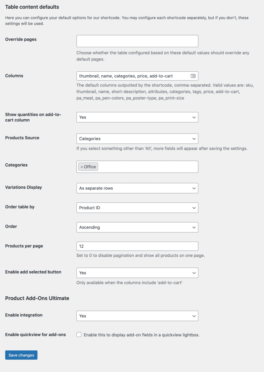 WooCommerce variations table settings