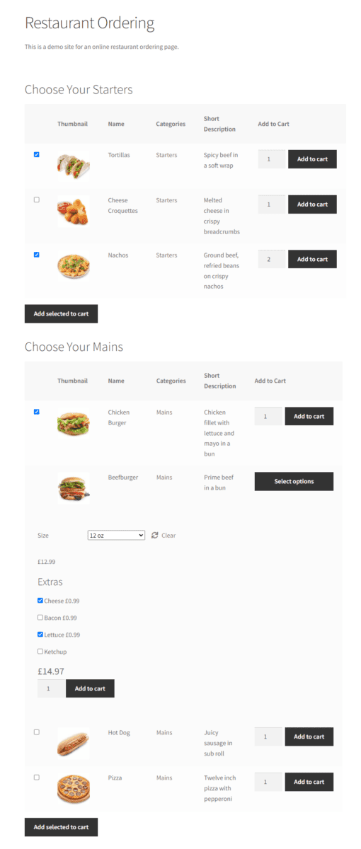 Restaurant ordering form