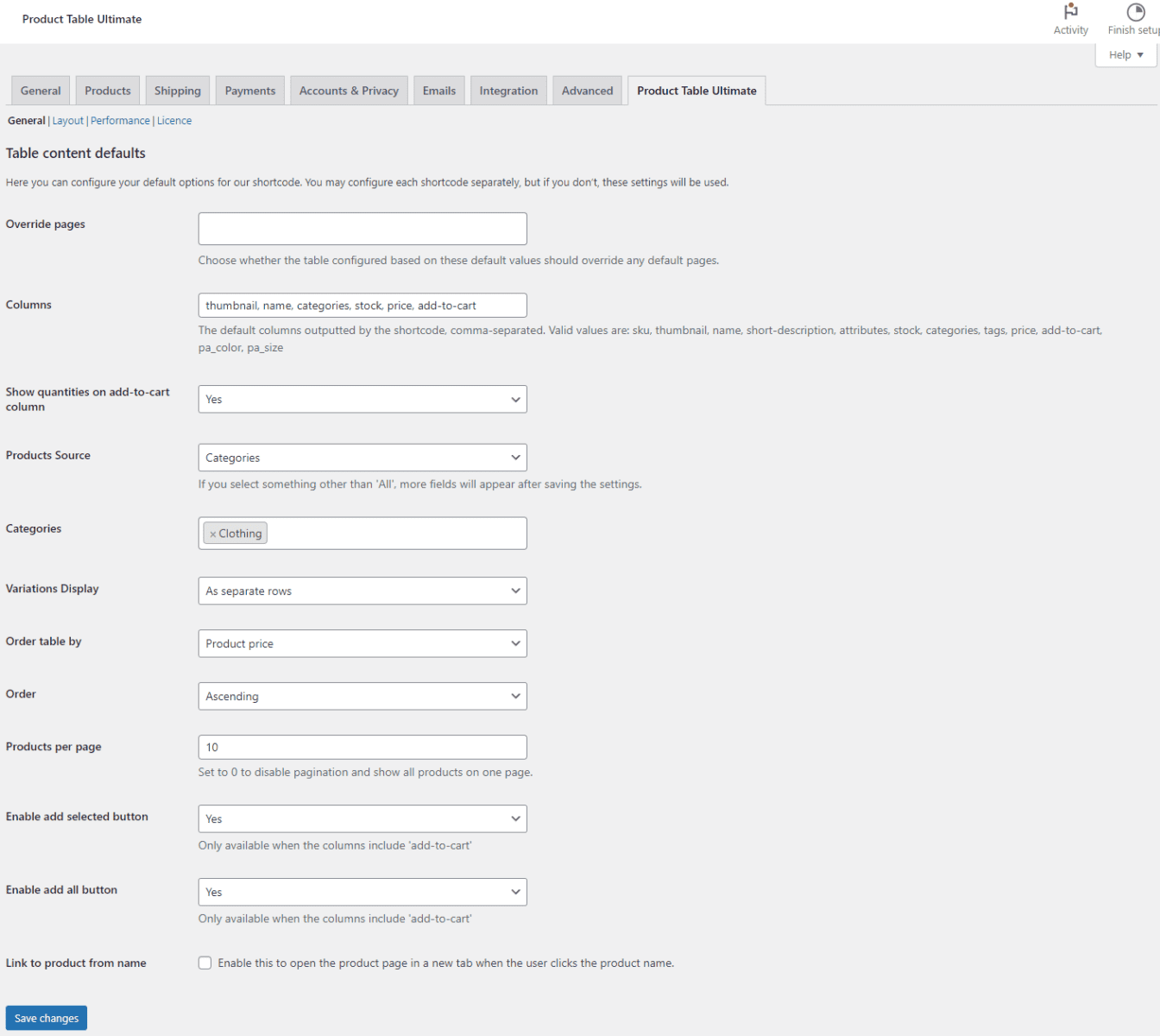 WooCommerce Product Table Ultimate settings