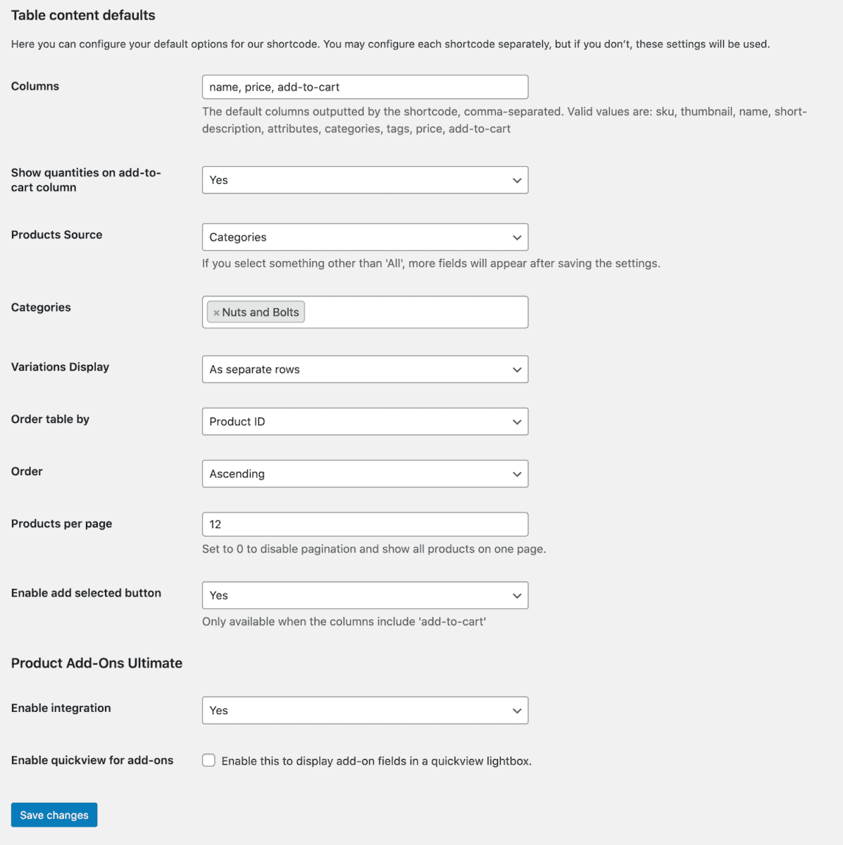 WooCommerce Product Table Ultimate settings