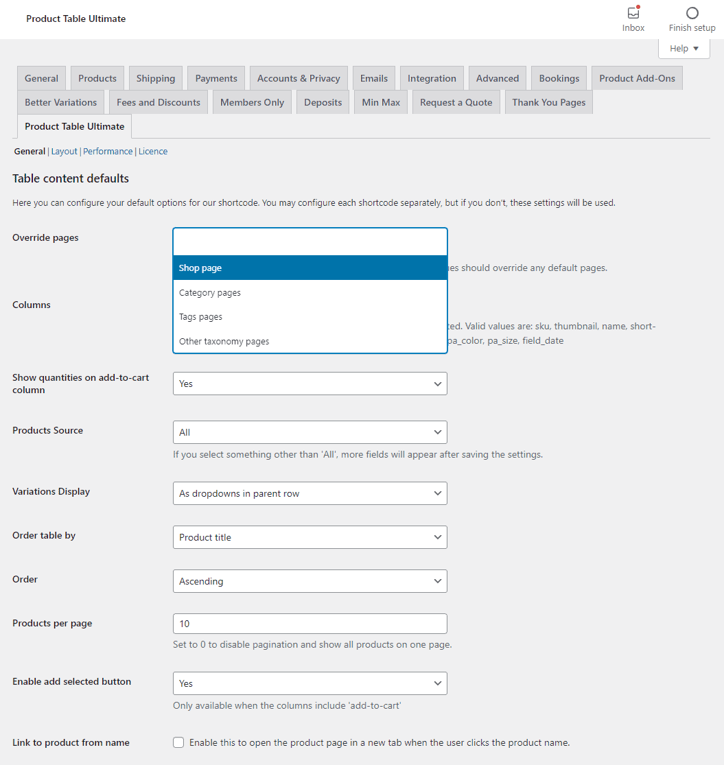 WooCommerce Product Table Ultimate settings