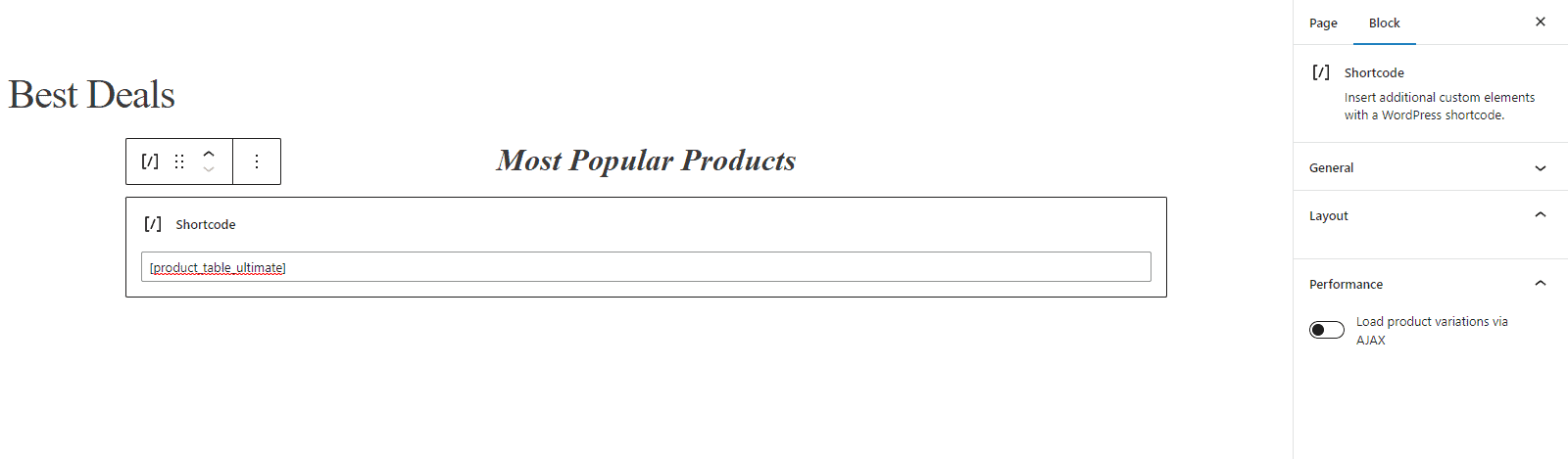 Product table shortcode